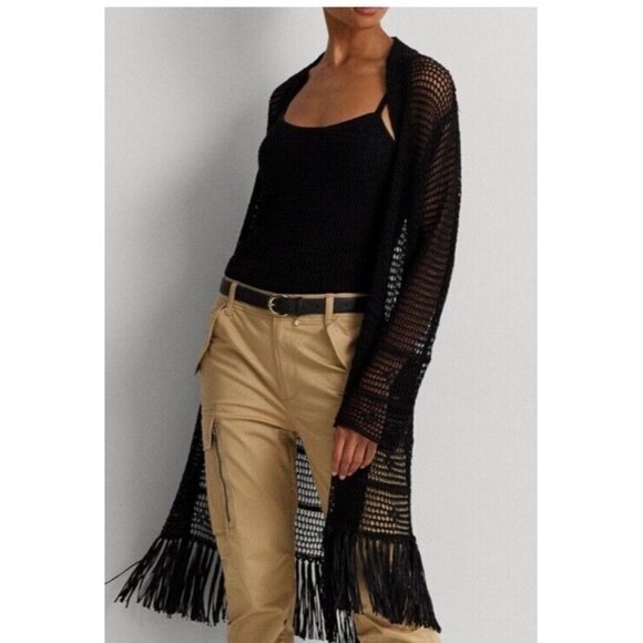 RALPH LAUREN XL Women's Pointelle Knit Linen Blend Cardigan $245 Fringe Black - Picture 1 of 15